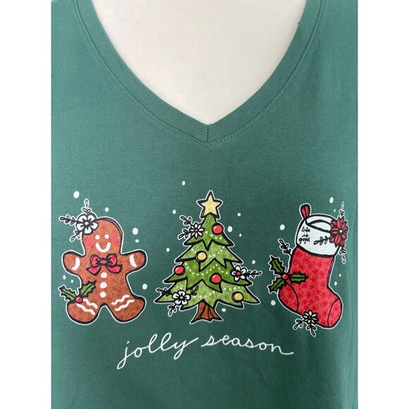 Life is Good Women's Jolly Season Xmas Long Sleeve Crusher Vee Tee Green Large - Picture 5 of 6